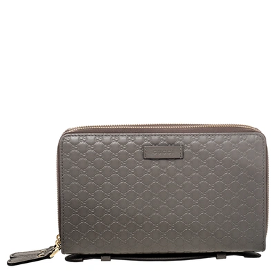 Pre-owned Gucci Ssima Leather Double Zip Around Organizer Clutch In Grey