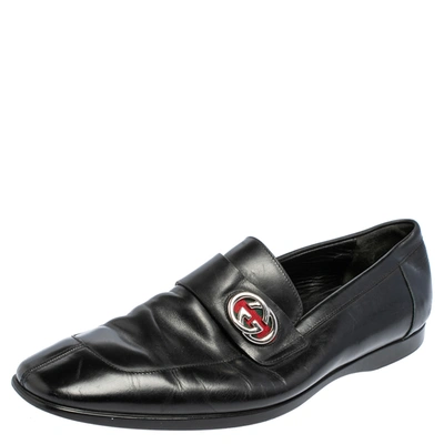 Pre-owned Gucci Black Leather Interlocking Gg Loafers Size 41