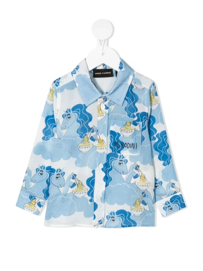 Mini Rodini Babies' Unicorn And Ramen-print Shirt In Blue