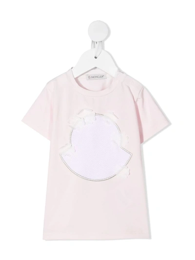 Moncler Babies' Pink Newborn T-shirt With Maxi Logo And Floral Applications