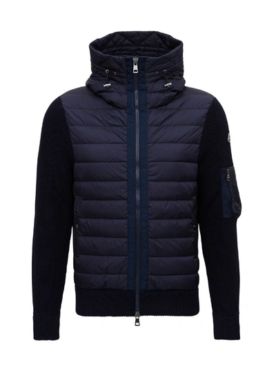 Moncler Knitted Jacket With Padded Front In Blu
