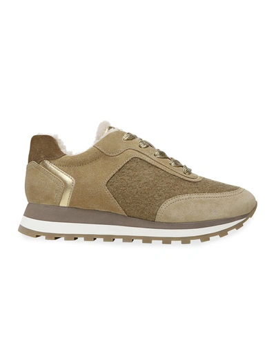 Veronica Beard Hartley Mixed Leather Shearling Runner Sneakers In Sand/gold