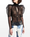 Tom Ford Patchwork Lace Puff-sleeve Blouse In Black