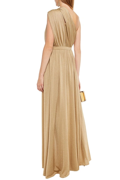 Halston One-shoulder Draped Gathered Lurex Jumpsuit In Gold
