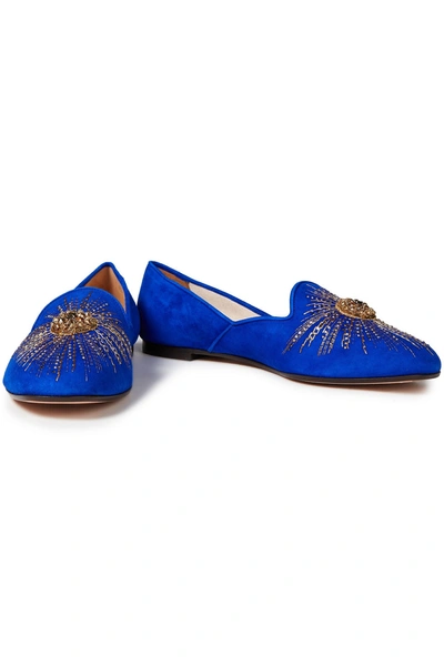 Aquazzura Sunlight Embellished Suede Loafers In Bright Blue