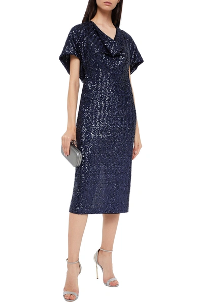 Roland Mouret Marianne Draped Sequined Stretch-tulle Midi Dress In Blue