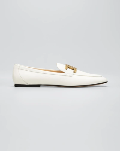 Tod's Kate Chain Calfskin Flat Loafers In White