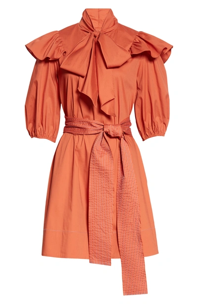 Tanya Taylor Marlee Bow Neck Belted Dress In Copper