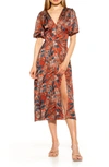 Alexia Admor V-neck Puff Sleeve Midi Dress In Rust Multi