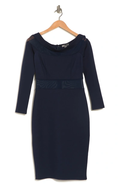 Love By Design Off-the-shoulder Mesh Panel Bodycon Dress In Navy Blazer