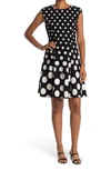 London Times Dot Fit & Flare Dress In Blk/white