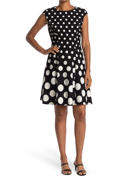 London Times Dot Fit & Flare Dress In Blk/white