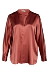 Vince Band Collar Silk Blouse In Antique Rouge