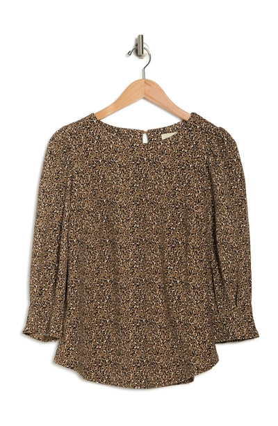 Melloday Printed 3/4 Puff Sleeve Blouse In Taupe Animal