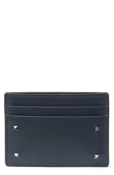 Valentino Garavani Studded Leather Card Holder In Marine