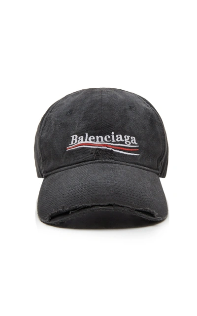 Balenciaga Political Embroidered Distressed Denim Cap In Black,white