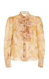 ZIMMERMANN WOMEN'S TEMPO CRYSTAL-EMBELLISHED RUFFLED FLORAL SILK SHIRT