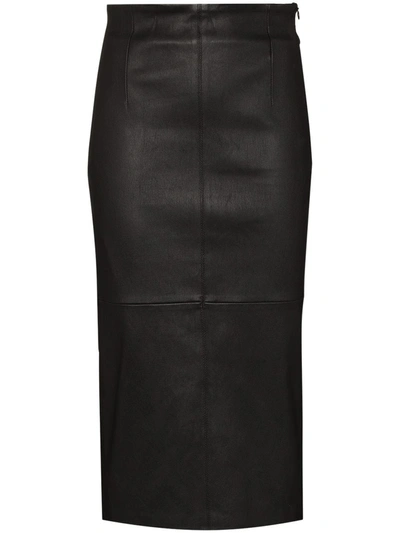 Brunello Cucinelli Fitted Leather Midi Skirt In 黑色