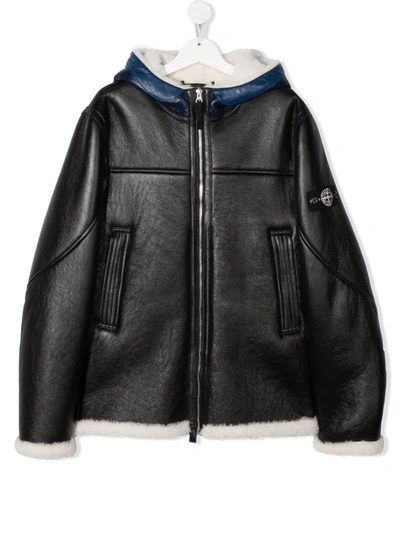 Stone Island Junior Kids' Hooded Leather Jacket In 黑色