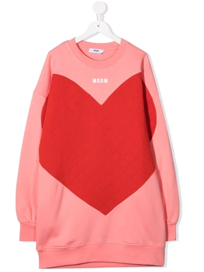 Msgm Teen Heart-print Crew Neck Jumper Dress In Pink