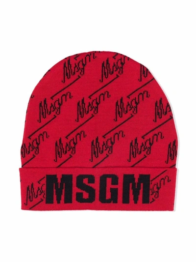 Msgm Teen Intarsia-knit Logo Beanie In Red