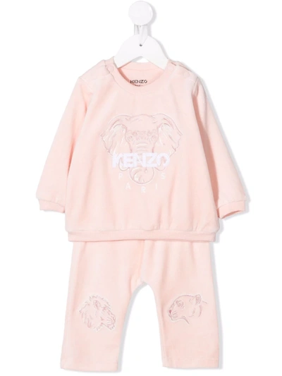Kenzo Babies' Embroidered-logo Velvet Tracksuit Set In 粉色