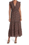 Max Studio Sleeveless Smocked Floral Print Tiered Maxi Dress In Bkrsocsf