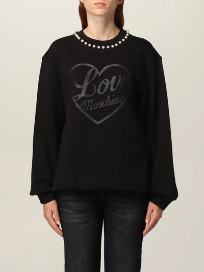 Love Moschino Sweatshirt Crewneck With Glitter Logo And Pearls In Black