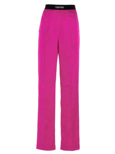 Tom Ford Fuchsia Satin Pants With Logo On Waistband In Stretch Silk Woman In Purple