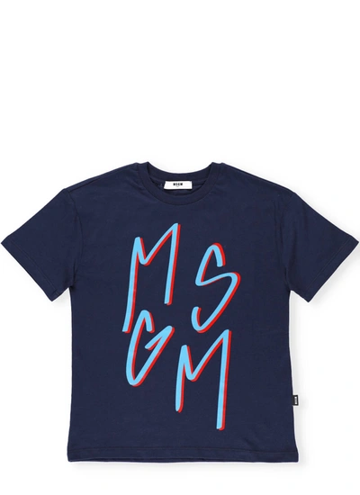 Msgm Kids' Logo T-shirt In Blu Navy