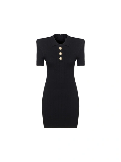 Balmain Peak Shoulder Logo Embossed Button Rib Polo Shirt Dress In Black