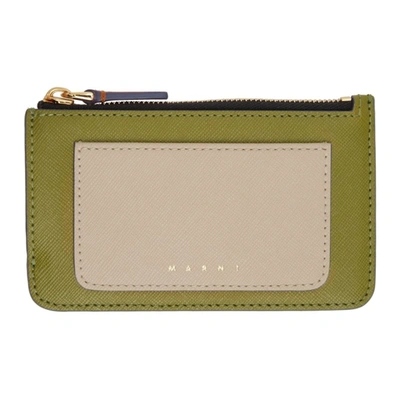 Marni Beige & Green Saffiano Leather Zip Card Holder In Orange/green