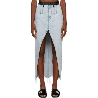 Alexander Wang Leather-trimmed Distressed Denim Maxi Skirt In Pebble Bleach