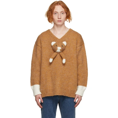 Doublet Brown & White Knit Cat V-neck Sweater