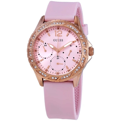 Guess Quartz Multifunction Pink Dial Ladies Watch W0032l9 In Gold Tone,pink,rose Gold Tone