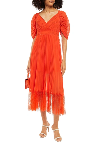 Self-portrait Shirred Pleated Chiffon Midi Dress In Orange | ModeSens
