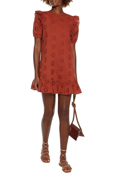 Walter Baker Valentina Ruffled Broderie Anglaise Cotton Mini Dress In Brick