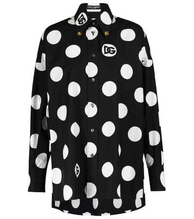 Dolce & Gabbana Poplin Printed Polka Dots Logo Shirt In Black,white