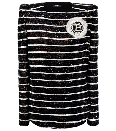 Balmain Striped Sequined Top In Black