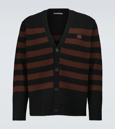 Acne Studios Face-patch Striped Wool Cardigan In Black/brown