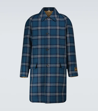 Gucci Reversible Tartan Wool And Gg Canvas Coat In Blue
