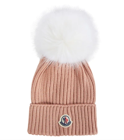 Moncler Babies' Pompom Detail Ribbed Knit Beanie In Pink