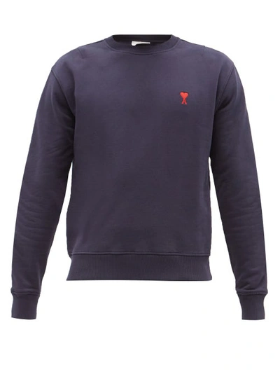 Ami Alexandre Mattiussi Slim-fit Logo-embroidered Mélange Loopback Cotton-jersey Sweatshirt In Blue