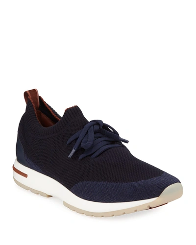 Loro Piana 360 Flexy Walk Leather-trimmed Knitted Wish Wool Trainers In Blue