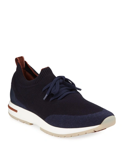 Loro Piana 360 Flexy Walk Leather-trimmed Knitted Wish Wool Sneakers In Blue