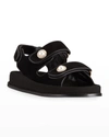 Allegra James Leather Crystal/pearly-button Sporty Slingback Sandals In Suede Pearl