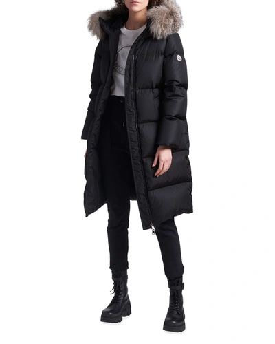 Moncler Marrionnier Fur-trim Long Parka In Black