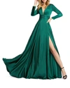 IEENA FOR MAC DUGGAL V-NECK LONG-SLEEVE SATIN THIGH-SLIT GOWN,PROD225400252