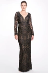 MARCHESA NOTTE LONG SLEEVE V-NECK GOWN,MN22RG2857-16