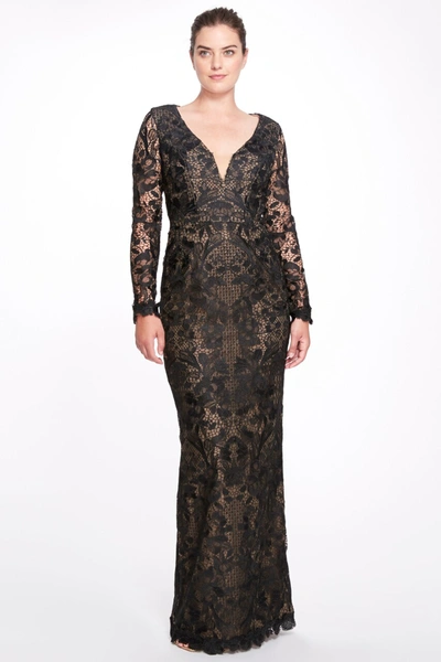 Marchesa Notte Long Sleeve V-neck Gown